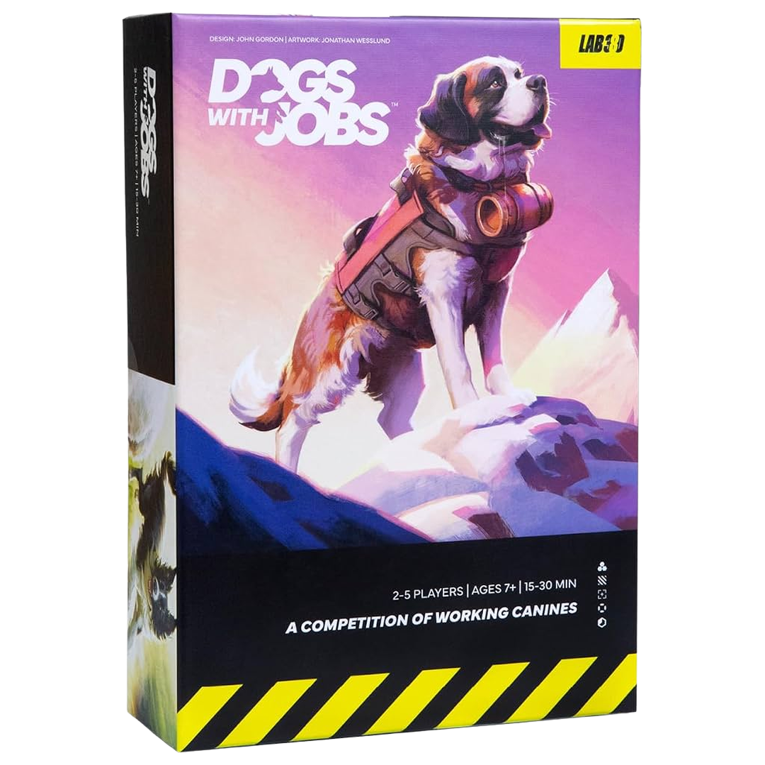 Dogs with Jobs card game box front, showing a St Bernard rescue dog in harness on a snowy peak, from Lab 380.