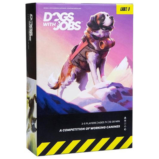 Dogs with Jobs card game box front, showing a St Bernard rescue dog in harness on a snowy peak, from Lab 380.