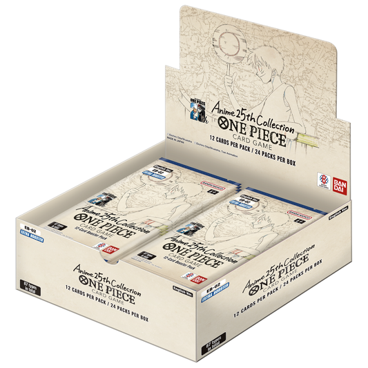 One Piece EB-02 Booster Box - This booster box contains multiple packs from the EB-02 expansion set, with each pack including 12 cards. The box offers a chance to collect rare, super rare, and potentially secret rare cards featuring fan-favorite characters and scenes from the One Piece universe. Perfect for players and collectors looking to expand their decks and collections with exclusive new cards.