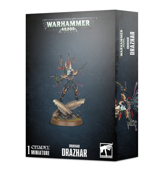 Warhammer 40K Drazhar miniature, Drukhari Incubi leader wielding twin demiklaives, detailed plastic model for collectors and gamers.