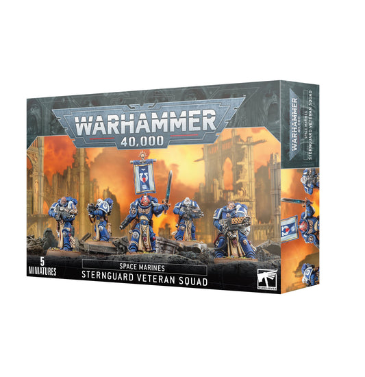 Five Space Marines Sternguard Veterans with bolt rifles, combi-weapons, heavy bolter, pyrecannon, and Sergeant with power weapon or power fist.