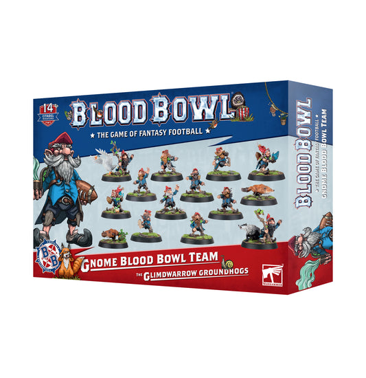 Blood Bowl Glimdwarrow Groundhogs Gnome team kit with Linemen, Woodland Foxes, Illusionists, Beastmasters, and accessories, unpainted and requiring assembly.
