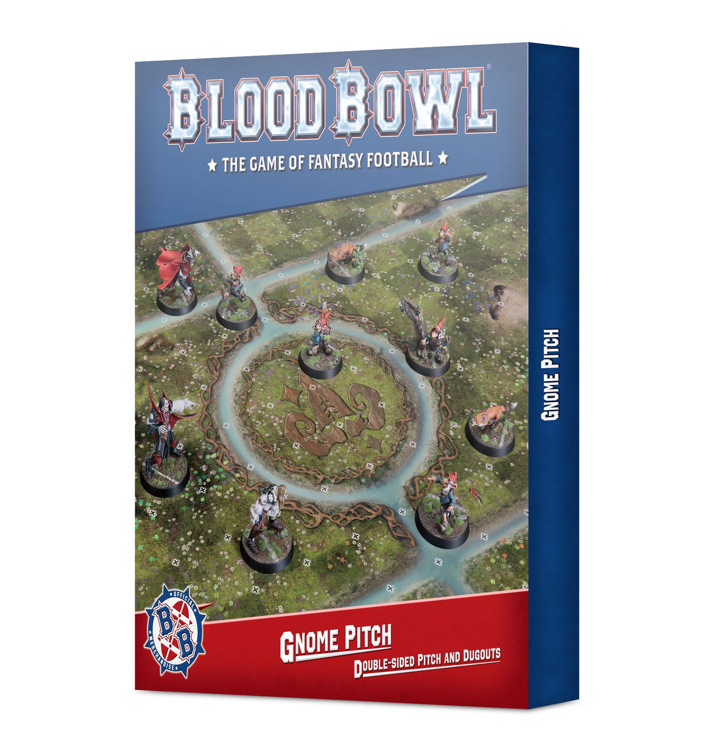 Blood Bowl double-sided pitch featuring a mystical forest clearing, with day and night scenes, glowing fungus, and matching dugouts with score and turn trackers.