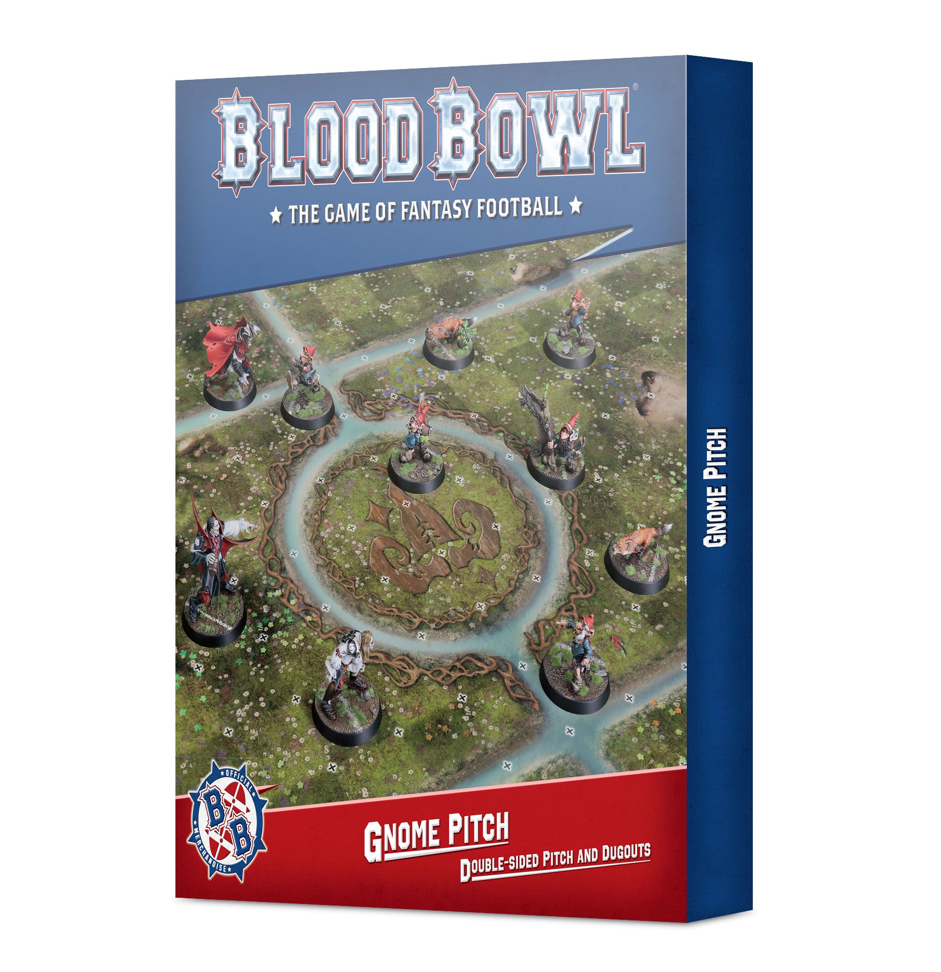 Blood Bowl double-sided pitch featuring a mystical forest clearing, with day and night scenes, glowing fungus, and matching dugouts with score and turn trackers.