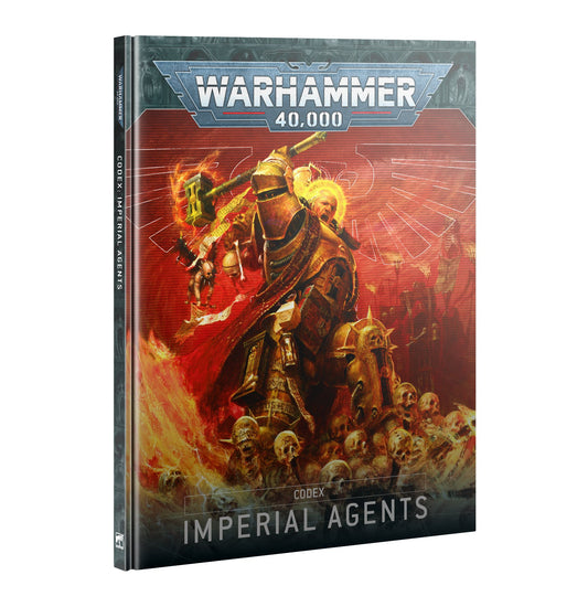 Imperial Agents 40K hardcover book with rules, lore, and 26 datasheets for units like Deathwatch, Assassins, and Grey Knights.