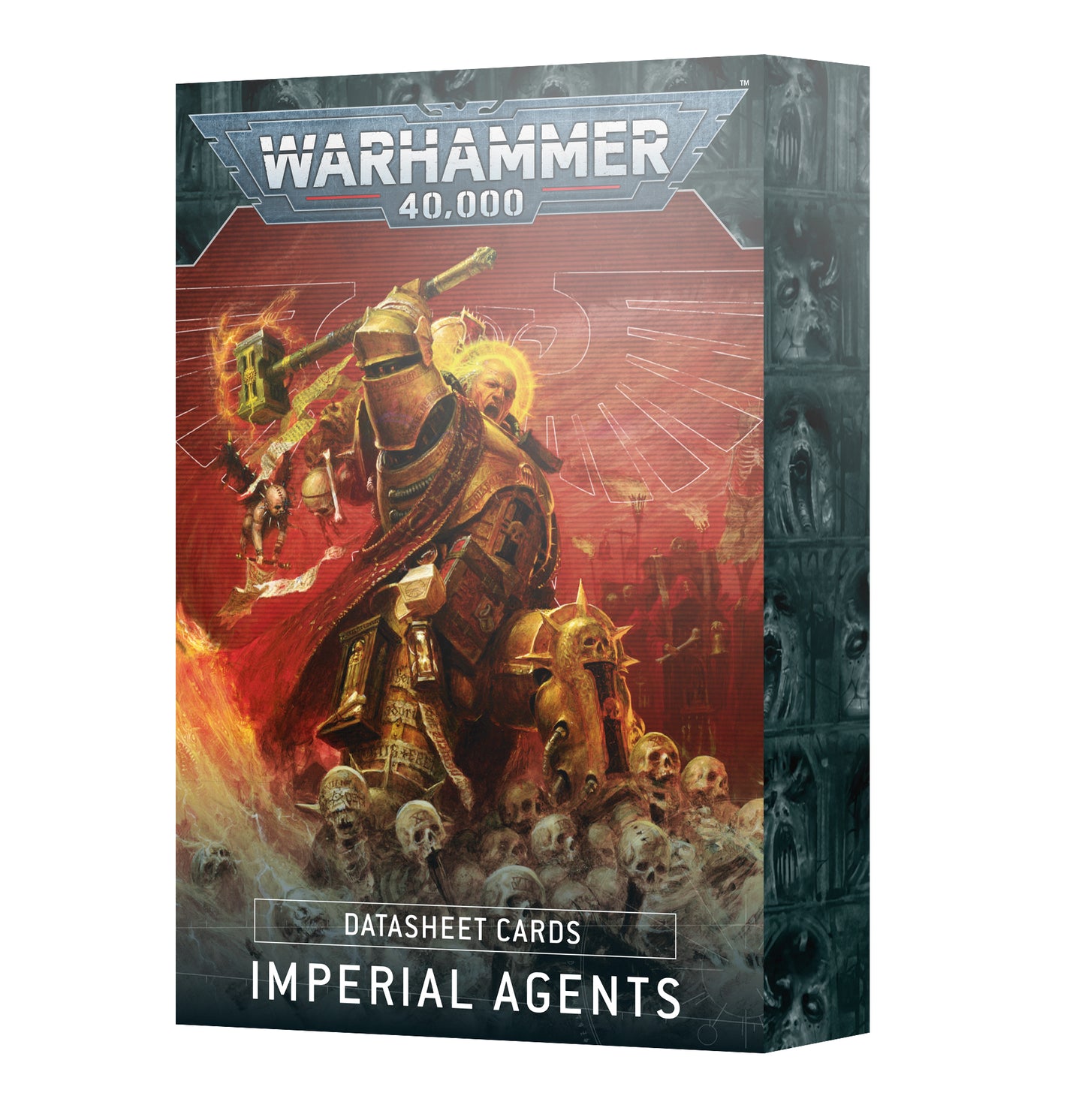 Imperial Agents 40K datasheet and rule cards featuring metallic gold edges, including 26 datasheet cards and 4 Combat Patrol cards.