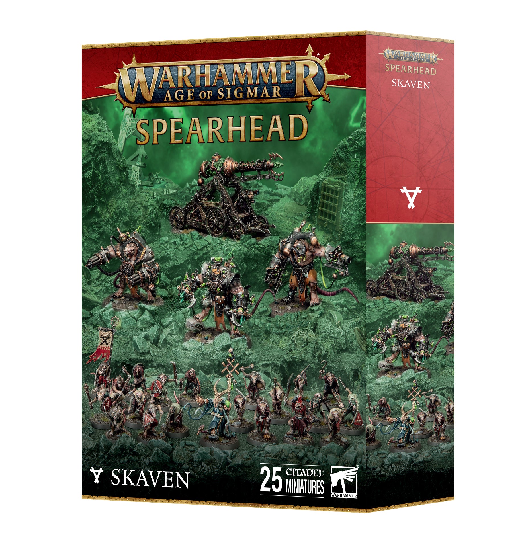 Warpspark Clawpack Spearhead box set for Warhammer Age of Sigmar, featuring 25 Skaven miniatures including a Grey Seer, Clanrats, Stormfiends, and Warp Lightning Cannon.