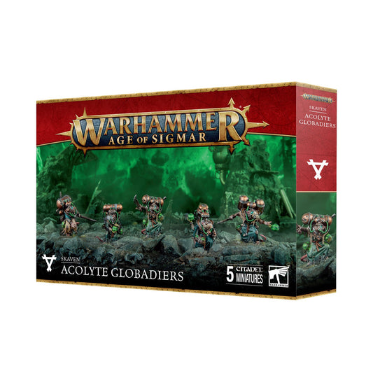 Acolyte Globadiers plastic kit for Warhammer Age of Sigmar, featuring five toxin-throwing Skaven warriors with poisoned wind globes and customizable details.