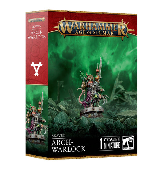 Skaven Arch-Warlock miniature for Warhammer Age of Sigmar, featuring warpfire gauntlets, mechanical claws, and intricate warpstone-powered devices.