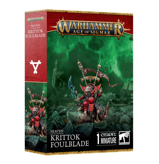 Krittok Foulblade Skaven miniature for Warhammer Age of Sigmar, wielding the cursed daemon-blade Doomfang in a dynamic battle-ready pose.