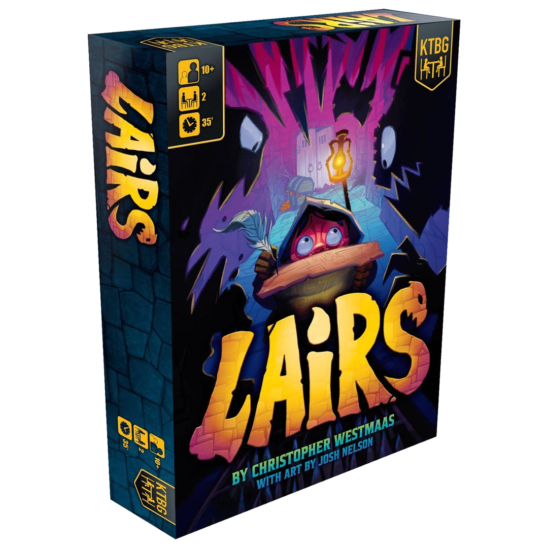 Lairs board game box front with monster artwork, a two-player dungeon duel from Kids Table Board Gaming.
