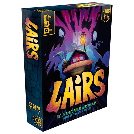 Lairs board game box front with monster artwork, a two-player dungeon duel from Kids Table Board Gaming.