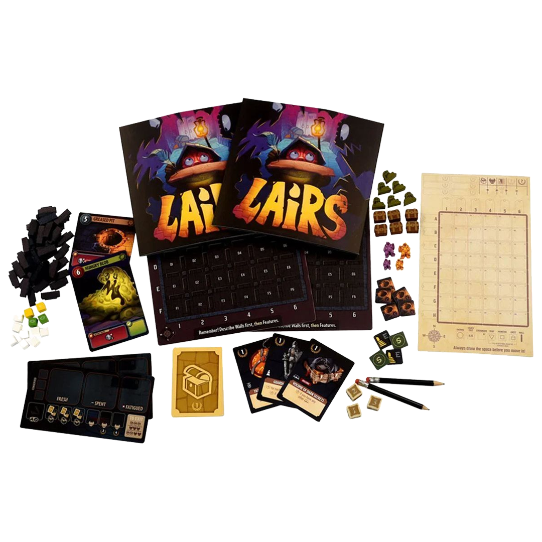 Lairs components: two recessed lair boards, player screens, wooden walls and monsters, map pad and dice.