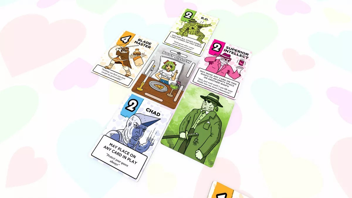 Le Neckbeard: Quest for Love card game featuring quirky neckbeard player decks, Waifu cards, and hilarious gameplay for 2-4 players.