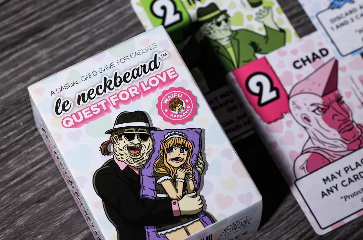 Le Neckbeard: Quest for Love card game featuring quirky neckbeard player decks, Waifu cards, and hilarious gameplay for 2-4 players.