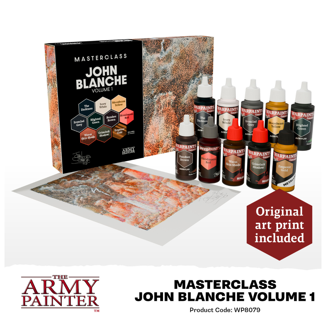 Masterclass John Blanche Paint Set Volume 1 showcasing 9 Warpaints Fanatic, a painting guide, and an exclusive art print in gothic style.