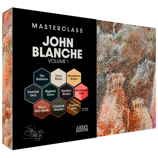 Masterclass John Blanche Paint Set Volume 1 showcasing 9 Warpaints Fanatic, a painting guide, and an exclusive art print in gothic style.