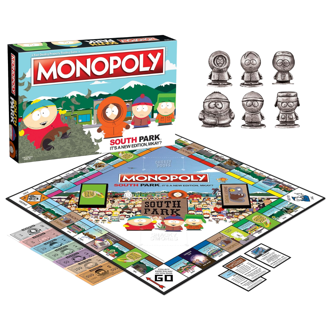Monopoly: South Park components: the South Park game board, six character tokens, cards and money.