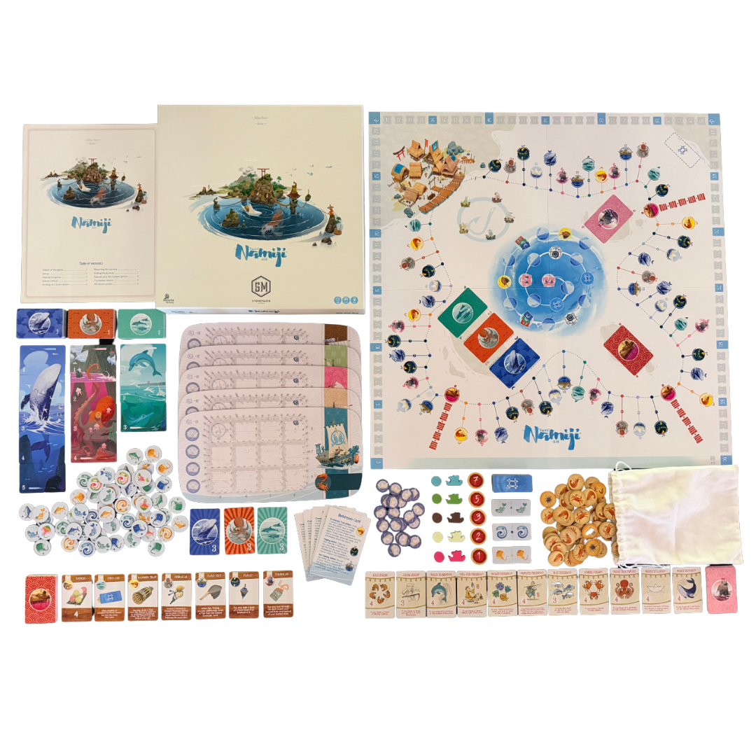 Namiji Stonemaier Games edition with box, game board, boat mats, cards, tokens, and cloth bag