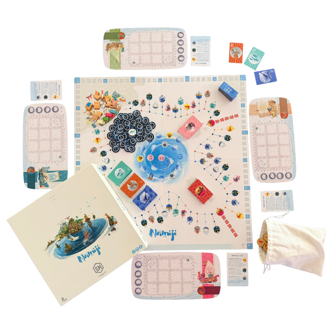 Namiji game setup with the coastal board, player mats, wooden boats, cards, tokens, and cloth bag
