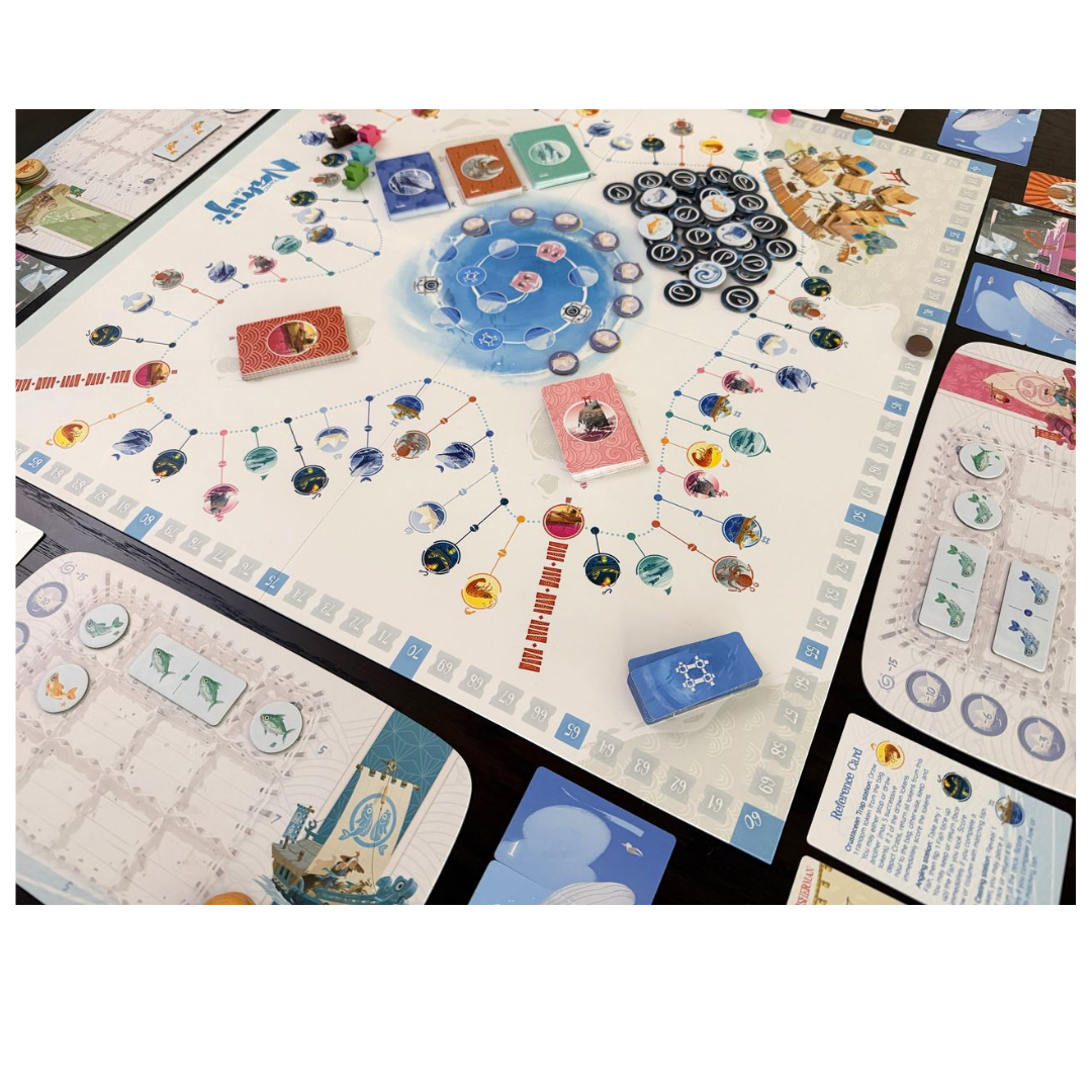 Namiji coastal game board in play with wooden boats, fish tiles, panorama cards, and tokens