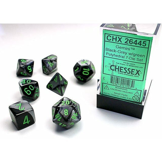 Chessex - 7PC - Gemini - Black-Grey/Green Numbers