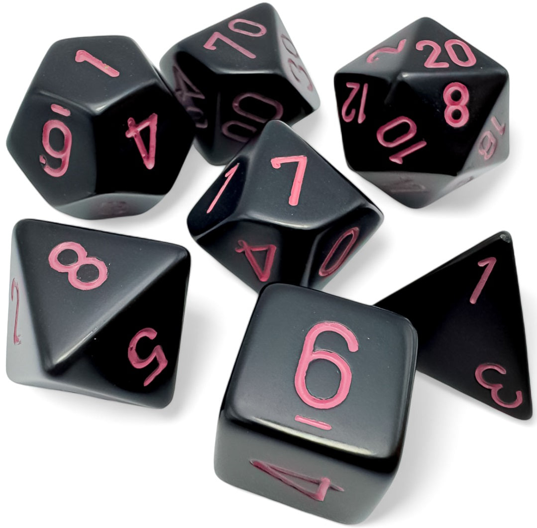 Chessex - 7PC - Opaque - Black/Pink Numbers