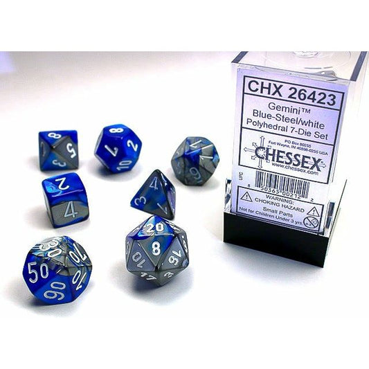 Chessex - 7PC - Gemini - Blue-Steel/White Numbers