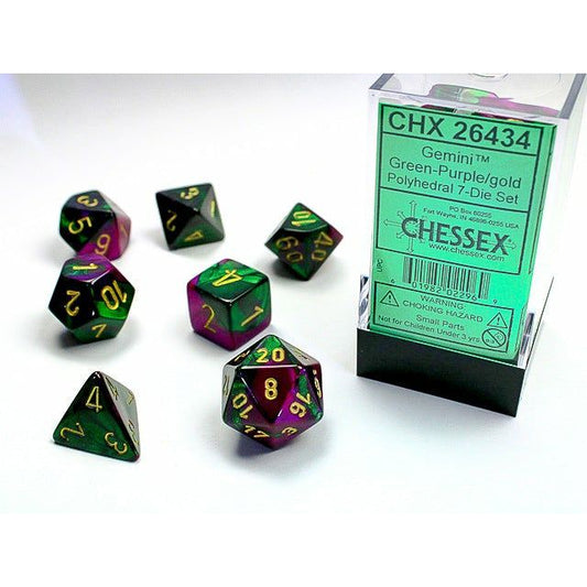 Chessex - 7PC - Gemini - Green-Purple/Gold Numbers