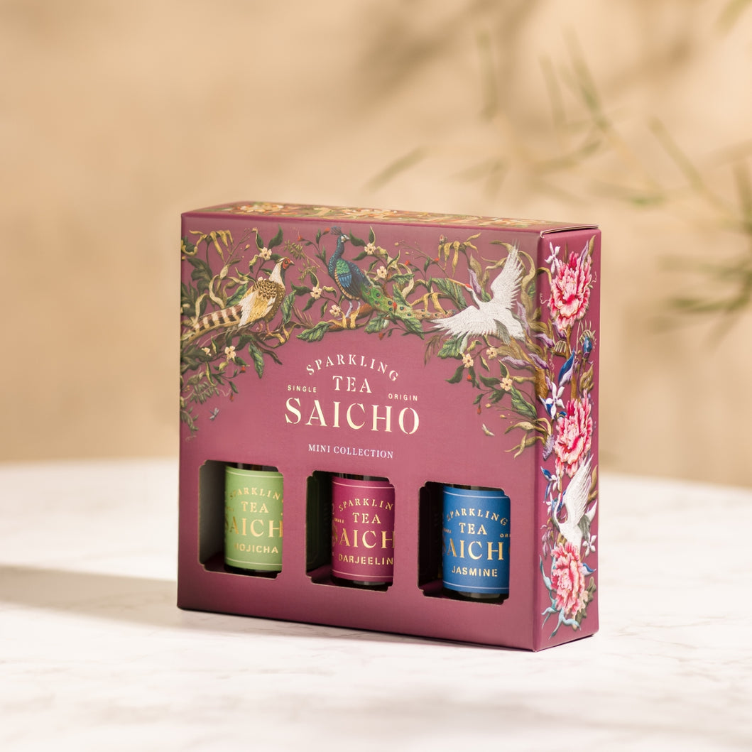 SAICHO sparkling tea mini collection packaging with floral and bird design