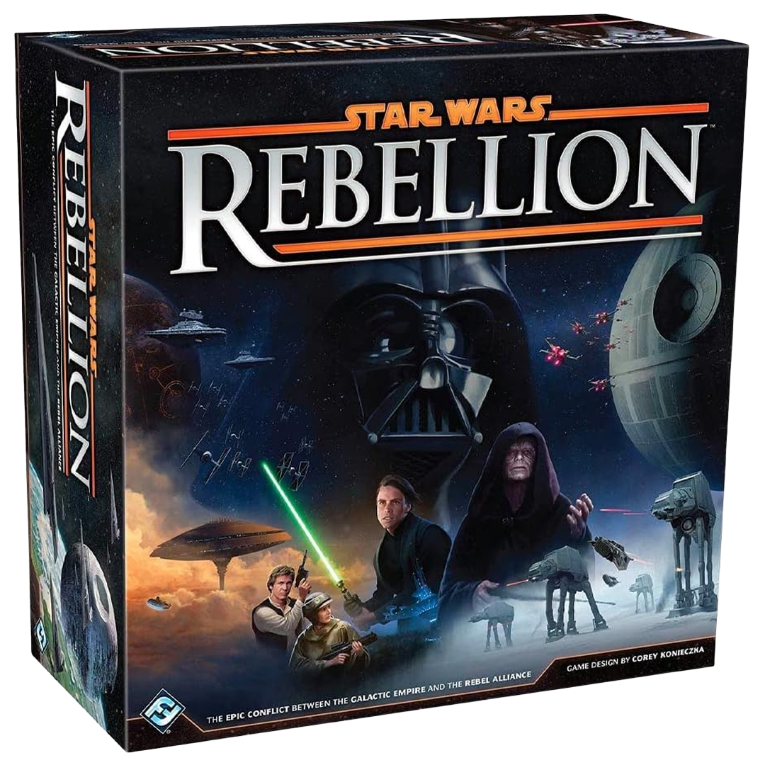 Star Wars: Rebellion box front with Darth Vader and Death Star artwork, from Fantasy Flight Games.