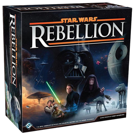 Star Wars: Rebellion box front with Darth Vader and Death Star artwork, from Fantasy Flight Games.