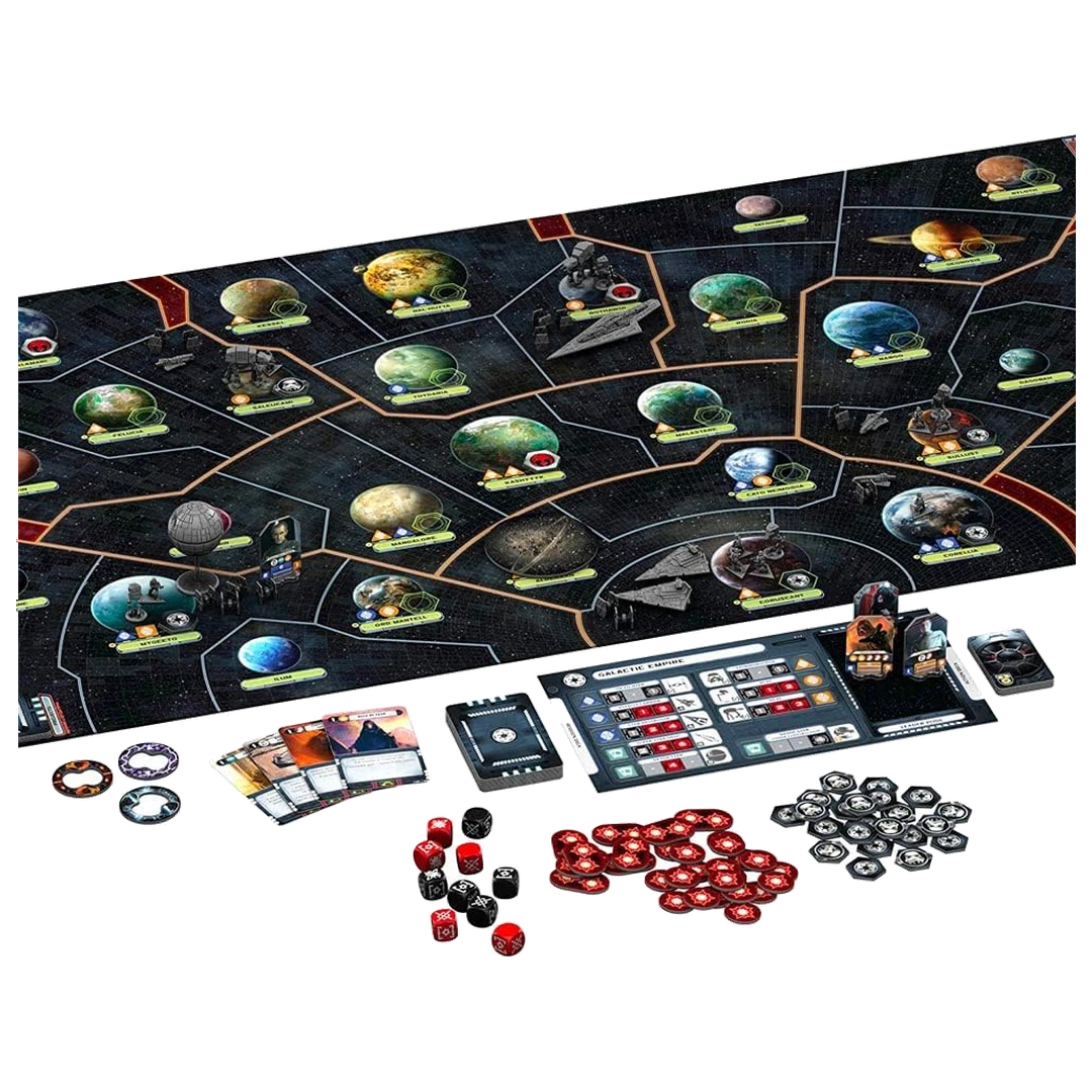 Star Wars: Rebellion components: the galaxy game board, faction sheets, mission cards, dice and tokens.