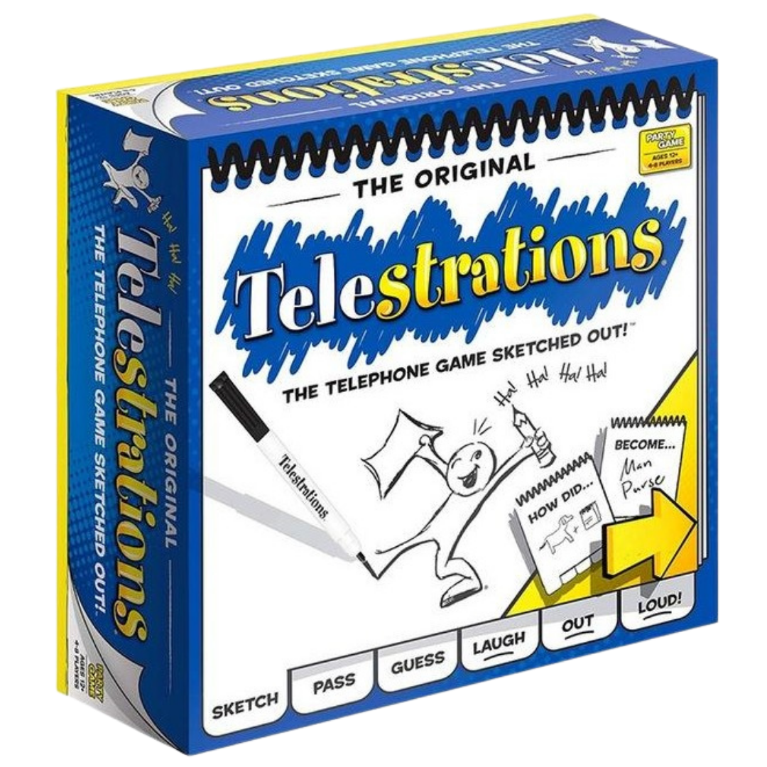 Telestrations Original 8-Player board game, featuring sketchbooks and markers for a fun drawing and guessing experience