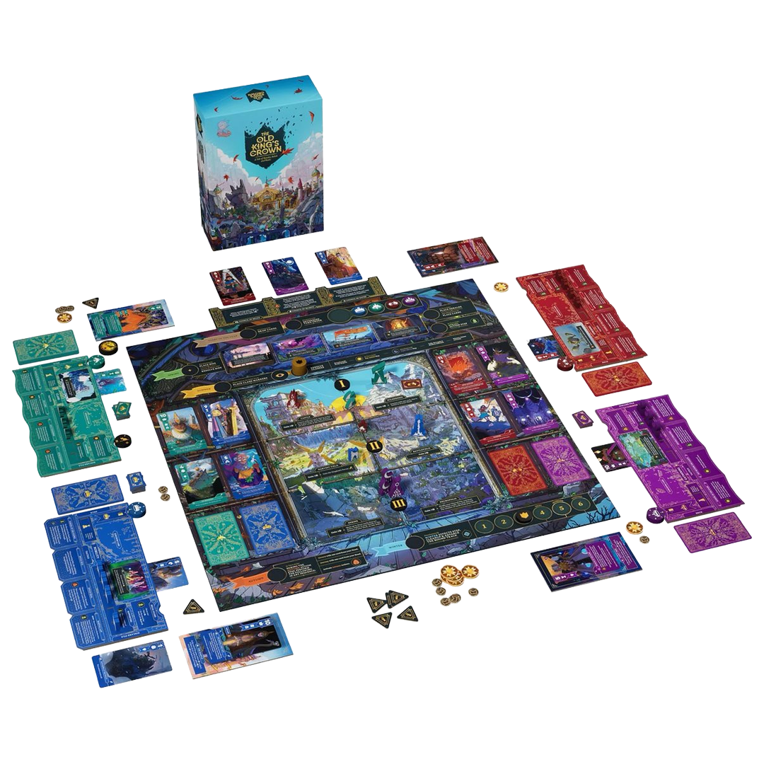 The Old King's Crown components: faction player boards, illustrated Kingdom cards and wooden Heralds.
