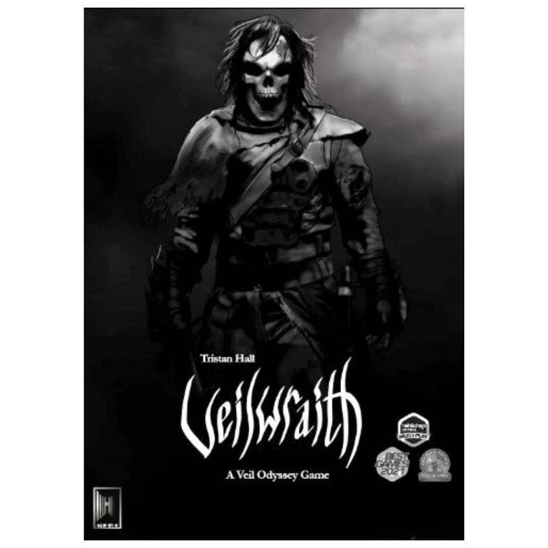 Veilwraith card game featuring a haunting post-apocalyptic fantasy setting, deck-building mechanics, and solo or multiplayer gameplay options.