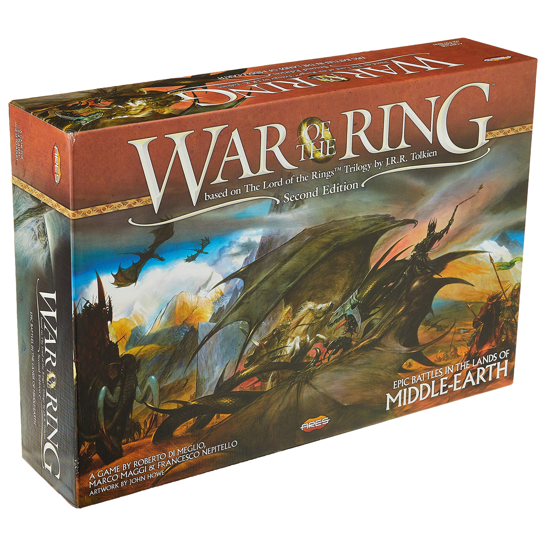 War of the Ring Second Edition box front with Middle-earth battle artwork, from Ares Games.