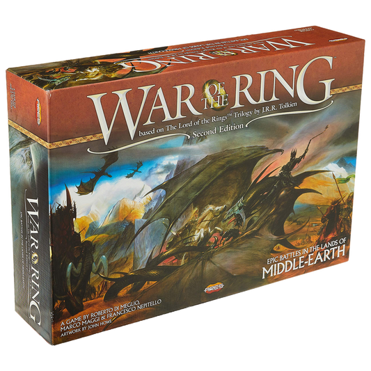 War of the Ring Second Edition box front with Middle-earth battle artwork, from Ares Games.