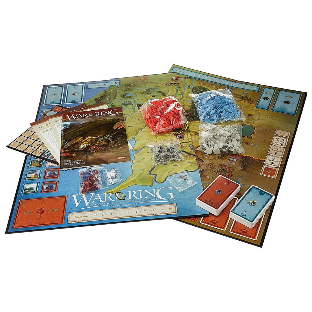 War of the Ring Second Edition components: the Middle-earth game board, event cards, action dice and figures.