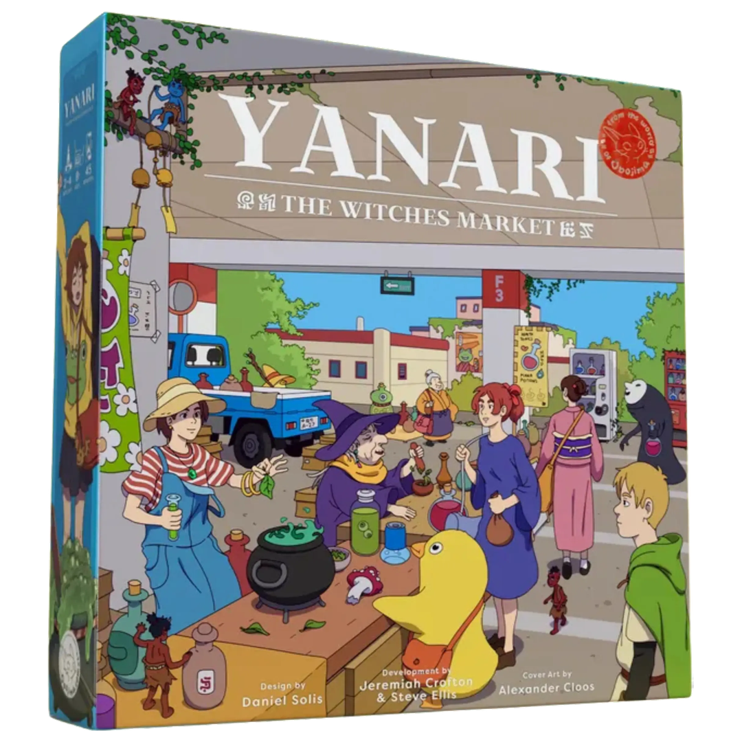 Yanari: The Witches Market box front with an illustrated market scene, from 1985 Games.