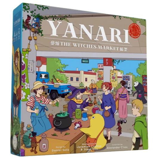Yanari: The Witches Market box front with an illustrated market scene, from 1985 Games.