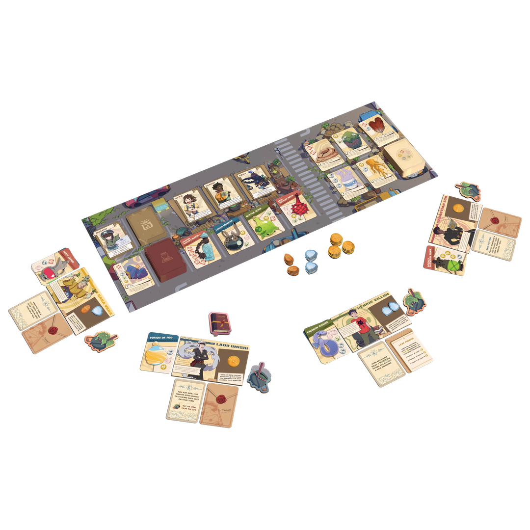 Yanari: The Witches Market components: witch boards, potion and ingredient cards, money tokens and playmat.