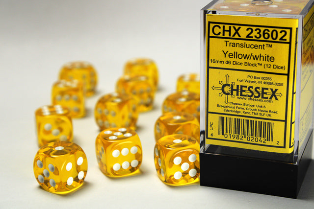 Chessex - 12D6 - Translucent - Yellow/White Pips