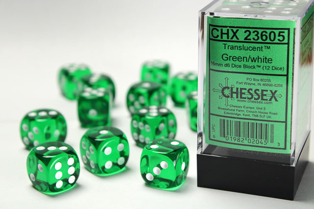 Chessex - 12D6 - Translucent - Green/White Pips