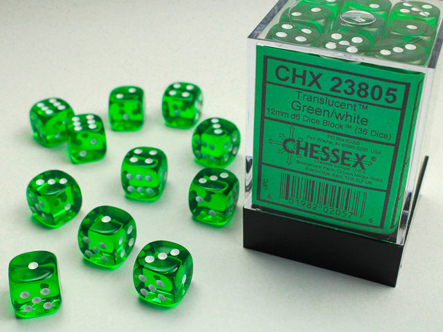 Chessex - 36D6 - Translucent - Green/White Pips