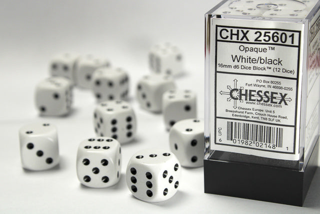 Chessex - 12D6 - Opaque - White/Black Pips