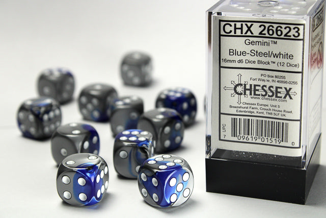 Chessex - 12D6 - Gemini - Blue-Steel/White Pips