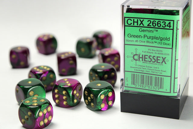 Chessex - 12D6 - Gemini - Green-Purple/Gold Pips