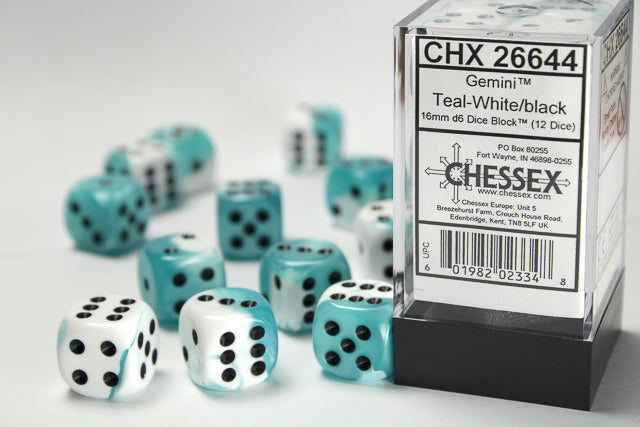 Chessex - 12D6 - Gemini - Teal-White/Black Pips