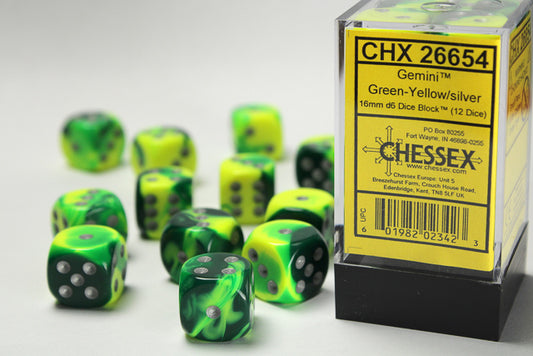 Chessex - 12D6 - Gemini - Green-Yellow/Silver Pips